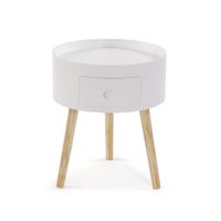mesa auxiliar redonda con cajon en madera aglomerada blanco