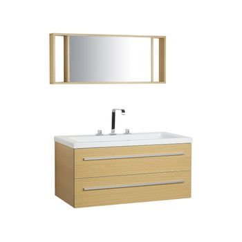 Mueble De Baño Moderno Beige Y Plateado Con Espejo 2 Cajones Lavabo Almeria