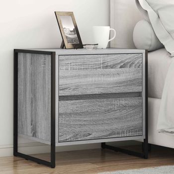 Mesita De Noche 2 Uds - Mueble De Dormitorio - Madera Y Acero - Gris Sonoma (50x39.5x50cm)