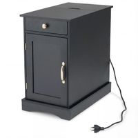 costway mesita de noche con estacion de carga mueble de madera con cajon armario y estante ajustable para dormitorio salon y sofa negro