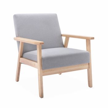 Sillón Estilo Escandinavo De Madera Y Tela, Gris Claro