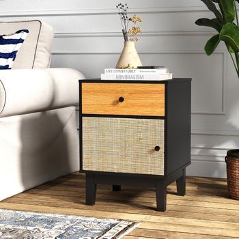 Mesita De Noche | Mesilla De Noche De Ratán Con Cajón Y Armario Negro Patas De Madera Para Dormitorio Y Sala De Estar