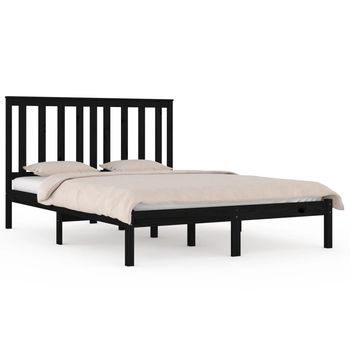 Cama Matrimonial | Cama Para Adultos | Estructura De Cama Madera Maciza De Pino Negra 140x190 Cm