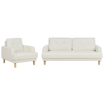 Conjunto De Sala De Estar Retro 3 Plazas Sofá Y Sillón Patas De Madera Asiento Grueso Tapizado De Tela Blanco Crema Tuve