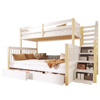 Litera Asimétrica 90x200 Y 140x200, Litera Infantil Con Cajones Y Escalera, Madera Maciza, Blanco Y Natural