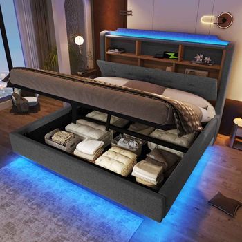 Cama Doble 140x200 Cm Gris En Lino Con Led, Almacenamiento Hidráulico, Puertos Usb/type-c, Diseño Colgante, Sin Colchón