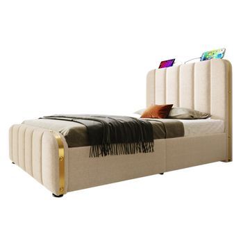 Cama Individual Con Cabecera Acolchada, 90x200 Cm, Color Beige, Material Lino, Función De Carga Usb Tipo-c, Almacenamiento Hidráulico, Estructura Metálica Estable, Resistente Hasta 100 Kg, Sin Colchón