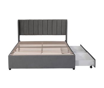 Cama 140x200cm con 2 cajones - tapizada en terciopelo - estilo moderno - gris