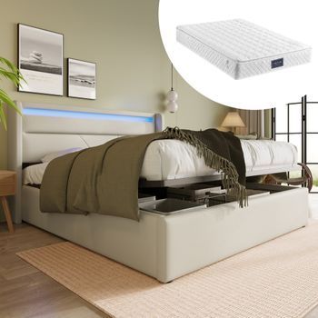 Cama Tapizada Doble Con Almacenamiento Hidráulico Y Luz Led, 160x200cm, Blanca, Con Colchón