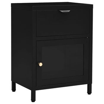 Mesita De Noche | Mesa Auxiliar | Mesilla Negra Acero Y Vidrio 40x30x54,5 Cm