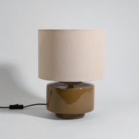 lampara de gres marron con pantalla de tela crema