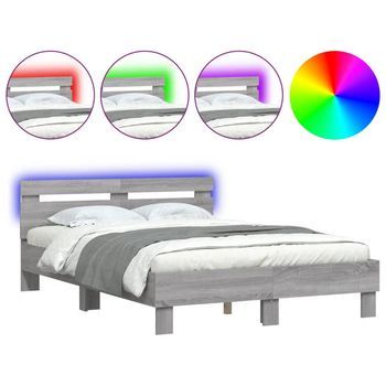 Cama Matrimonial | Cama Para Adultos | Estructura De Cama Cabecero Y Luces Led Gris Sonoma 120x200 Cm