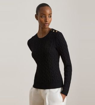 Lauren Ralph Lauren para mujer. 200P14039001 Jersey en punto de ochos con botones negro (XS), Casual, Algodón, Manga larga