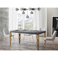 mesa rectangular extensible para 6 a 20 personas l 180 a 440 cm hormigon gris y patas de metal dorado kazay