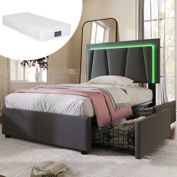 Cama Infantil Tapizada 90 X 200 Cm 2 Cajones + Cabecero Regulable - Leds - Tela Lino - Gris + Colchón