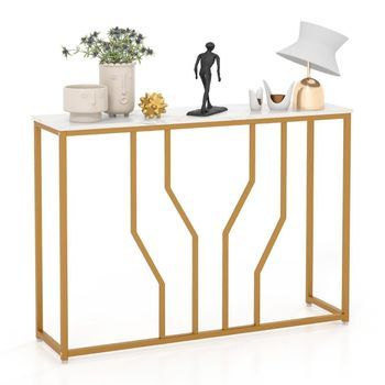 Mesa Consola Con Estructura De Metal Geométrica, Mesa De Entrada, 110 X 30 X 80 Cm, Dorado + Blanco