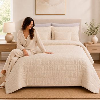 Colcha Prelavada Jacquard Alina + Funda De Cojín 90 Cm Rufino Diaz, Beige
