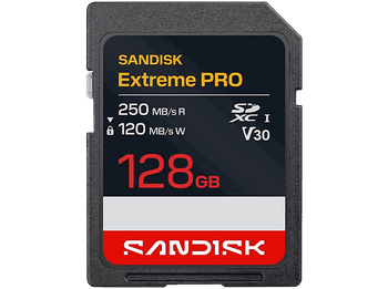 Tarjeta SD - SANDISK Extreme PRO, 128 GB, Hasta 250 MB/s lectura, UHS-I, V30, U3, Vídeos 4K y Full HD, Negro