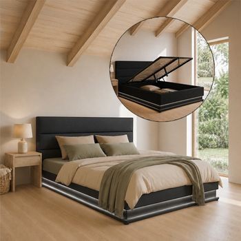 Cama Canapé De Matrimonio | Cama Doble Con Cabecero Y Canapé Led | Somier Lamas | Negro | Madera Y Polipiel | Modelo Nitas | Para Colchón 160x200