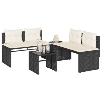 Juego De Sofás Jardín 4 Uds | Conjunto Mueble Jardin Mesa Y Sillas Con Cojines Ratán Sintético Negro Cfw35561