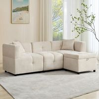 sofa modular en l de 3 plazas chenilla beige puf con almacenaje
