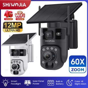 SHIWOJIA 6K 12MP 4G SIM Cámara de seguridad con batería solar ZOOM 60X 360 °   Ver al aire libre WIFI PTZ cámara IP PIR seguimiento humano UBOX APP