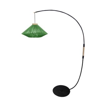 Lámpara de pie arco metal negro madera natural pantalla hilo verde