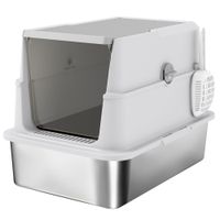 pawhut arenero para gatos de acero inoxidable xl cerrado con tapa abatible borde alto pala antifugas gris claro