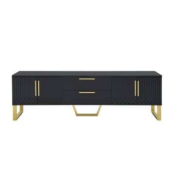 Mueble Tv Negro Y Dorado De 170 Cm, Alto Brillo Y Cuatro Puertas