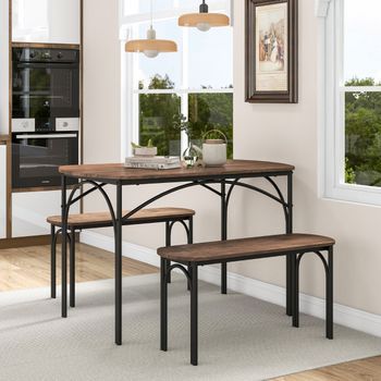 Juego Mesa Comedor 3 Piezas Rectangular Madera 2 Bancos Metal Cocina Marrón