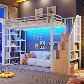 Cama Alta Infantil 90 X 200 Cm Blanca Con Escalera Y Almacenaje Integrado