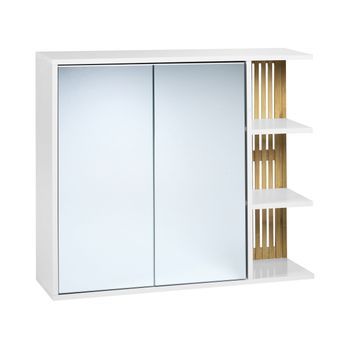 Armario De Baño Montado Con Espejo De Bambú Mdf Estantes De Almacenaje Muebles De Baño Blanco Y Madera Clara Nubes
