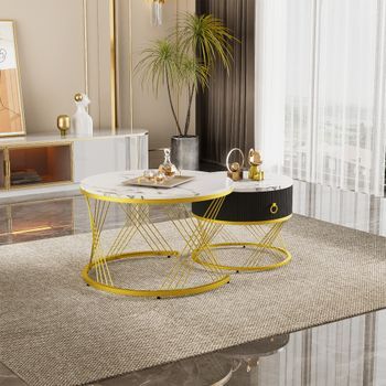 Conjunto De Dos Mesas De Centro Efecto Mármol, Blanco Y Dorado, Con Cajón