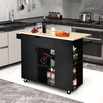 Isla De Cocina Con Hoja Abatible Carrito De Servicio Rodante Tapa De Madera Caucho Con Cajón Armario Estante Negro 124 X 76 X 92 Cm