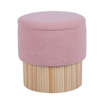 Puf Tapizado Rosa Con Base Mader A Natural