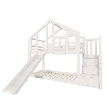 Litera Casita 90 X 200 Cm Blanca Con Tobogán Y Escalera Con Tres Compartimentos