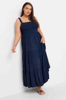 Yours Vestido Largo Azul Marino De Tirantes Con Cuerpo Fruncido, Mujer Curvy Y Tallas Grandes, Yours