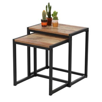 Conjunto De Dos Mesas Auxiliares Nido Cuadradas - Estilo Rústico, 30x38xh40 Cm Y 30x44xh45 Cm - Colección Oaklander