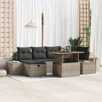 Conjunto De Comedor De Jardín De 7 Piezas Con Cojines Gris Ratán Poliéster Acacia V5035 Unico / Gris