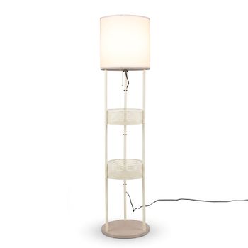 Costway Lámpara de Pie 2 en 1 con Estantes de Almacenamiento Iluminación Cálida Pantalla de Lino Estructura Metálica Color Blanco 36 x 36 x 158 cm