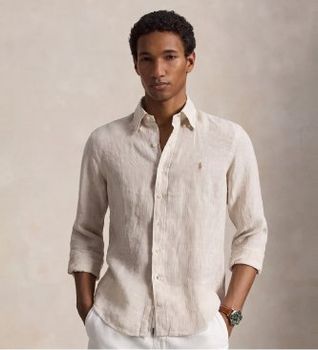 Polo Ralph Lauren para hombre. 710B22588001 Camisa de lino con rayas Custom Fit beige (XS), Casual, Manga larga