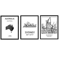 pack de posters de paises mapa cuidad sidney monumento harbour bridge y mapa australia b tamano a4 con marco - nacnic