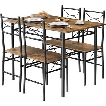 Mesa De Comedor Con 4 Sillas, Conjunto De Mesa Y 4 Sillas, Mdf Y Metal, Marrón Rústico + Negro
