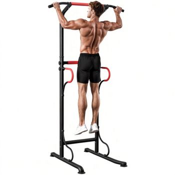 HOMCOM Estación Multifunción para Musculación, Silla con Barra de Tracción, Altura Ajustable, Acero, Negro y Rojo