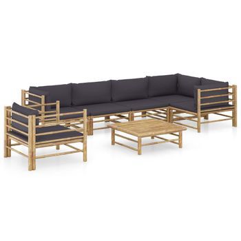 Set De Muebles De Jardín 7 Piezas Bambú Y Cojines Gris Oscuro Vidaxl