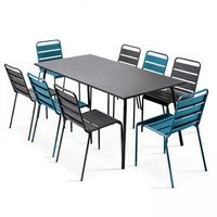 mesa de jardin rectangular y 8 sillas de metal gris y azul pacifico