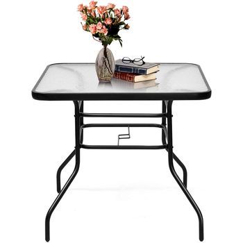 Mesa De Jardín Mesa Auxiliar Con Tablero De Vidrio Mesita De Jardín  Costway 80 X 80 X 71 Cm