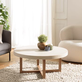 Mesa de centro redonda de hormigón y madera de teca d. 92 cm