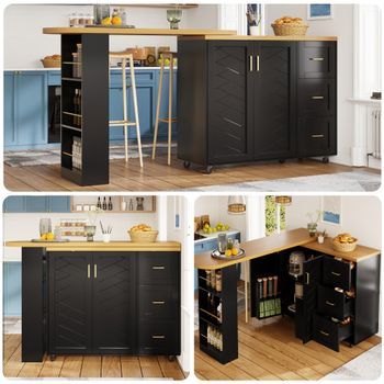 Carrito Bar Extensible De 135 A 228 Cm, Negro, Con Ruedas Y Tablero Efecto Madera