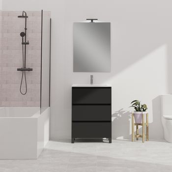 Conjunto De Baño Wink | 70 Cm Negro | Tres Cajones | Lavabo Empotrado | Mueble Montado | No Incluye Espejo | Alday